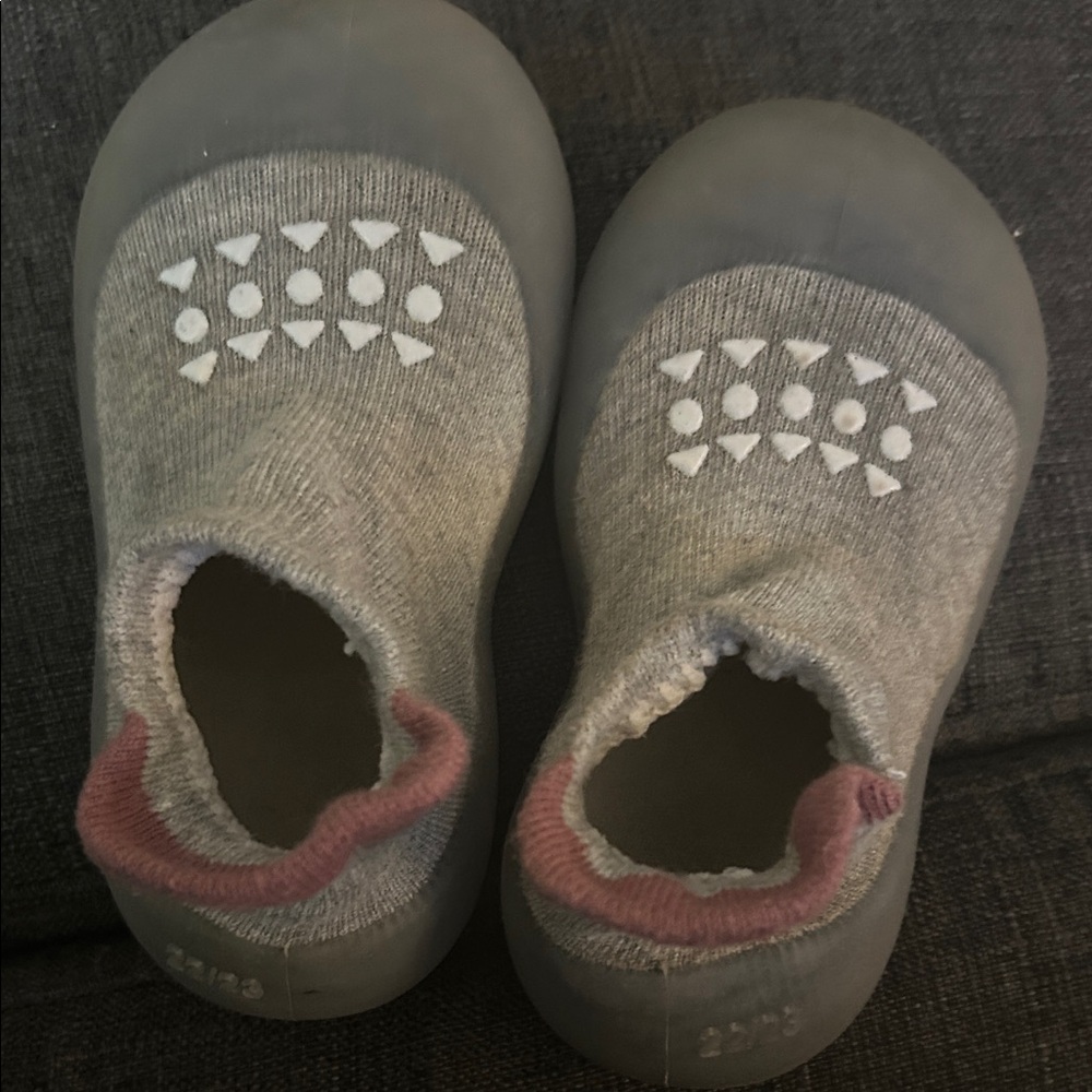 Gray Kids Socks Shoes with Dark Pink Trim